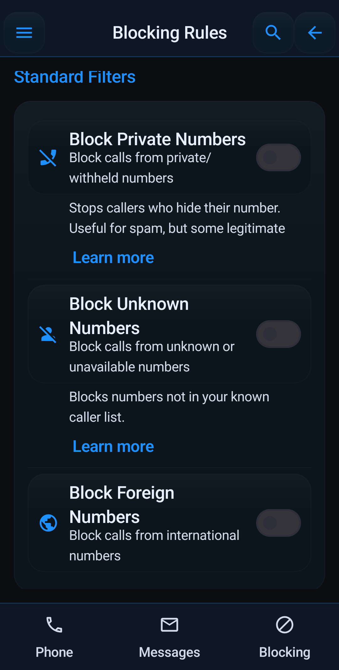 Block private, unknown, and foreign number filters in Block Guard